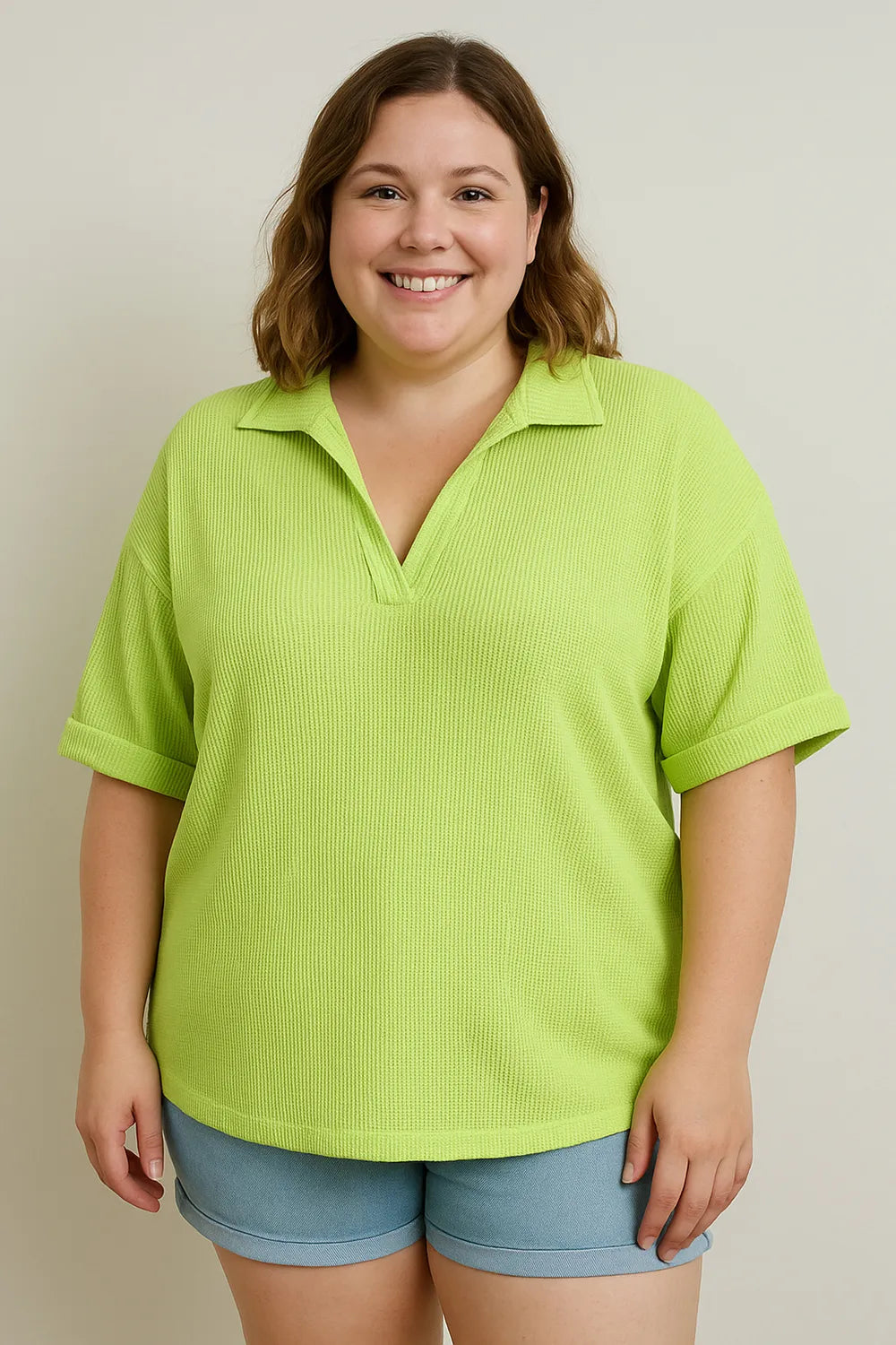 BiBi Mineral Washed Thermal Top: bright lime green short-sleeved polo
