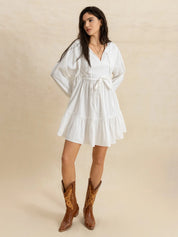 Tiered Tie Neck Long Sleeve Mini Dress | Daverri Fashions