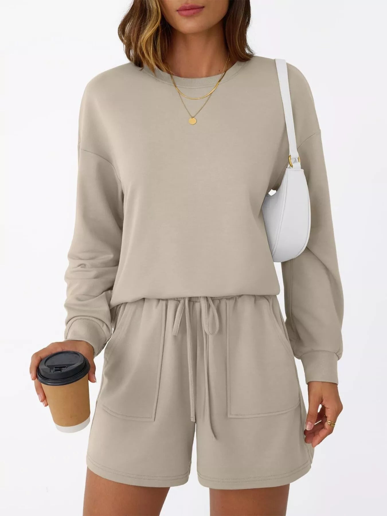 Round Neck Long Sleeve Top and Shorts Set | Loungewear Sets Daverri Fashions