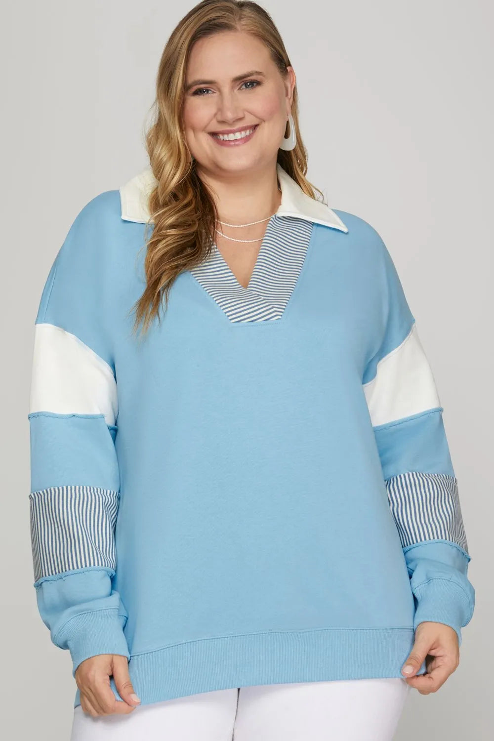 She + Sky Full Size Color Block Sleeve Johnny Collar French Terry Sweatshirt Plus Size Sweatshirts