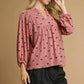 Umgee Corduroy Bow Print Balloon Sleeve Blouse - DAVERRI FASHIONS