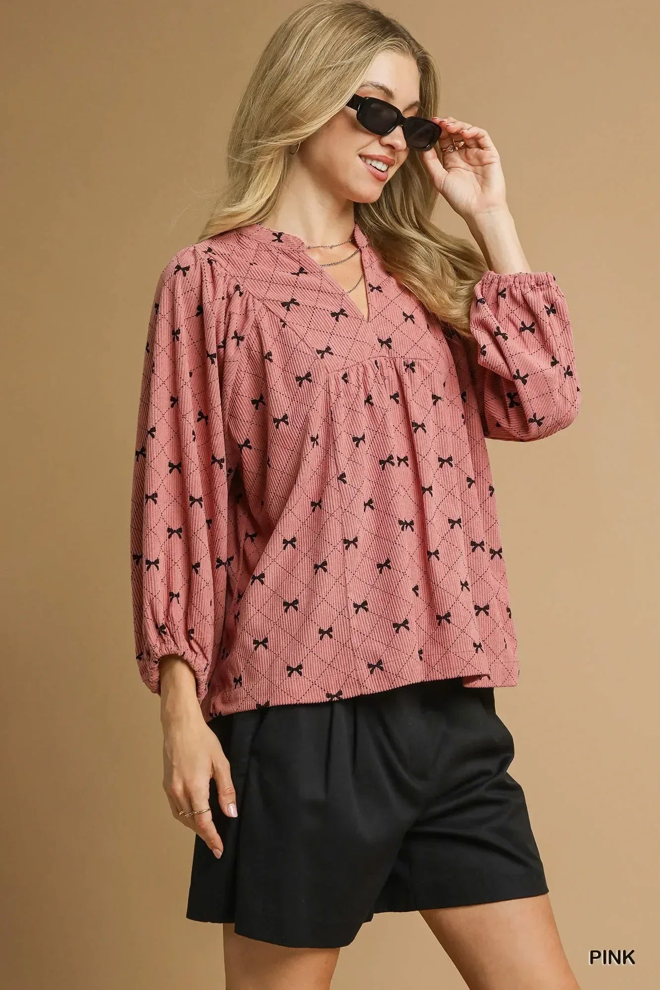 Umgee Corduroy Bow Print Balloon Sleeve Blouse - DAVERRI FASHIONS