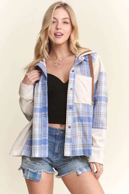 ADORA Button Down Plaid Hoodie Shacket Shackets