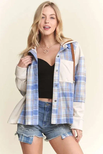 ADORA Button Down Plaid Hoodie Shacket - DAVERRI FASHIONS