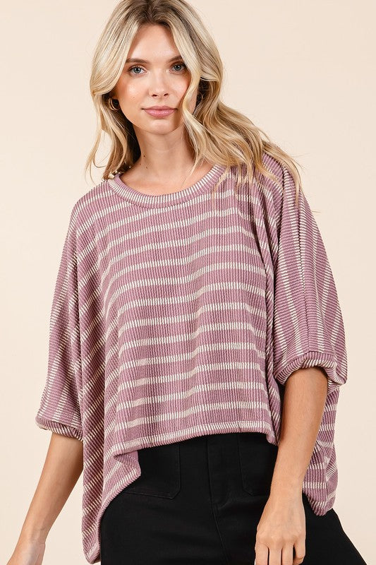 Mittoshop Texture Striped Print Round Neck Dolman Sleeve Top