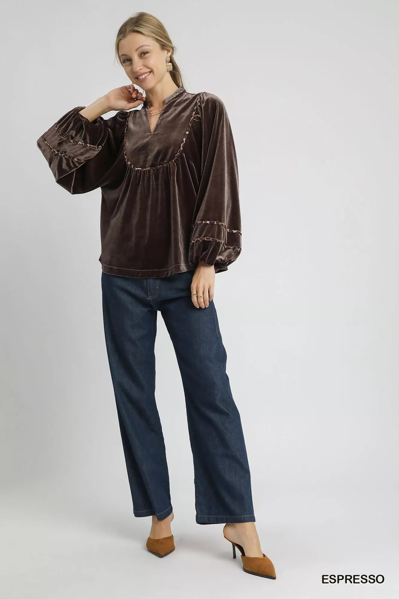 Umgee Velvet Long Sleeve Blouse with Contrast Trim | Blouses Daverri Fashions