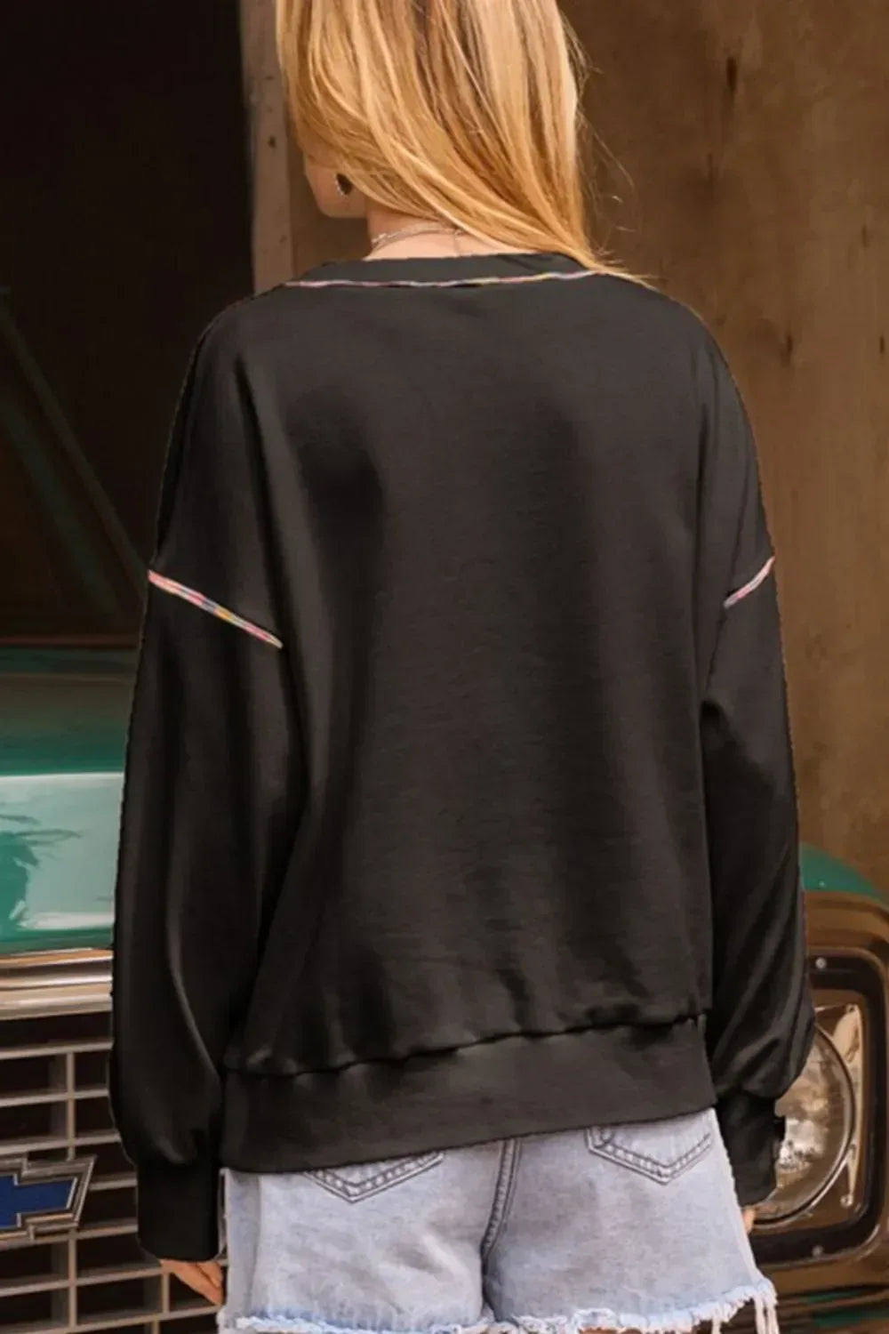 Valentine’s Day Rhinestone Heart Round Neck Long Sleeve Sweatshirt - DAVERRI FASHIONS