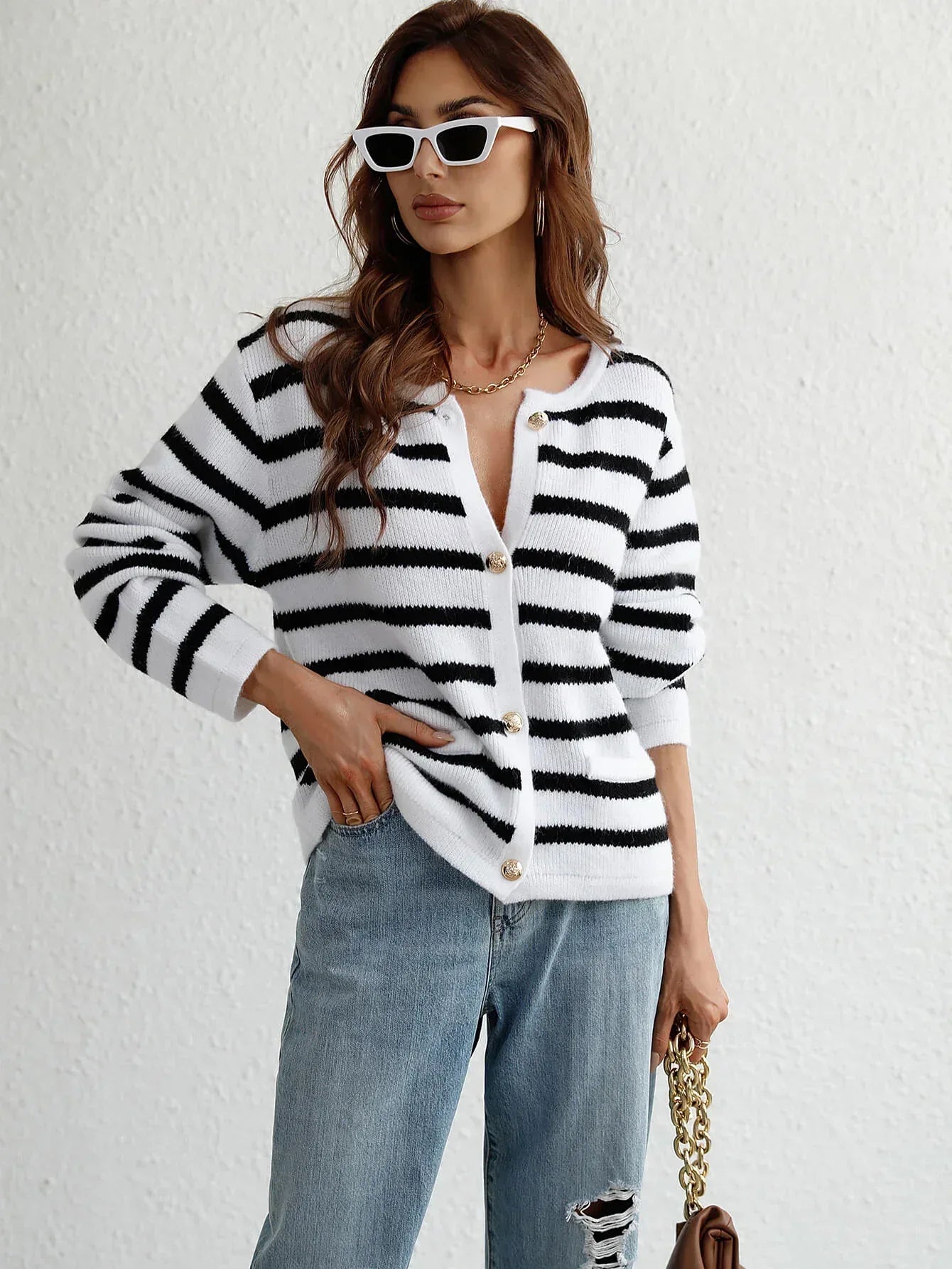 Striped Button Front Cardigan - DAVERRI FASHIONS