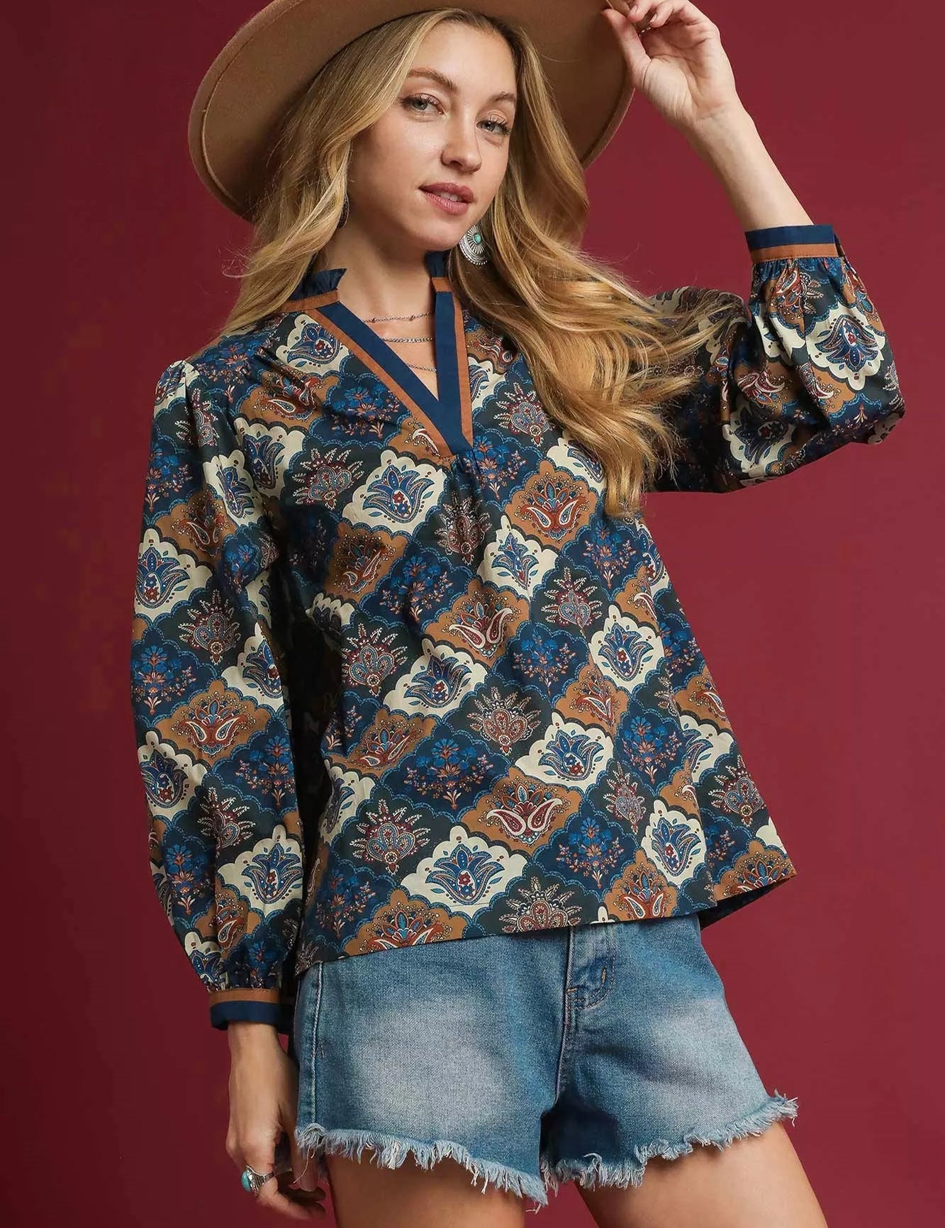 Umgee Abstract Print Ruffle Neck Top | Blouses Daverri Fashions
