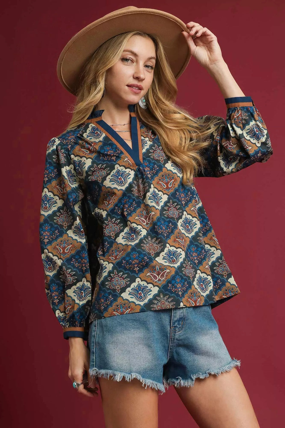 Umgee Abstract Print Ruffle Neck Top | Blouses Daverri Fashions