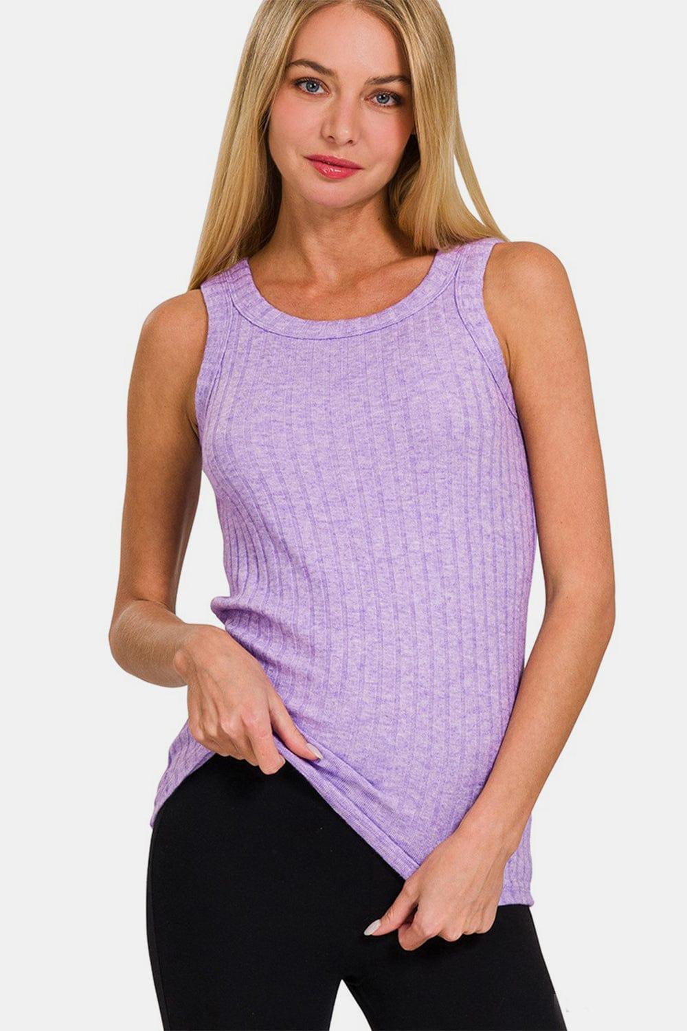 Zenana Ribbed Round Neck Tank LAVENDER S Tank Tops