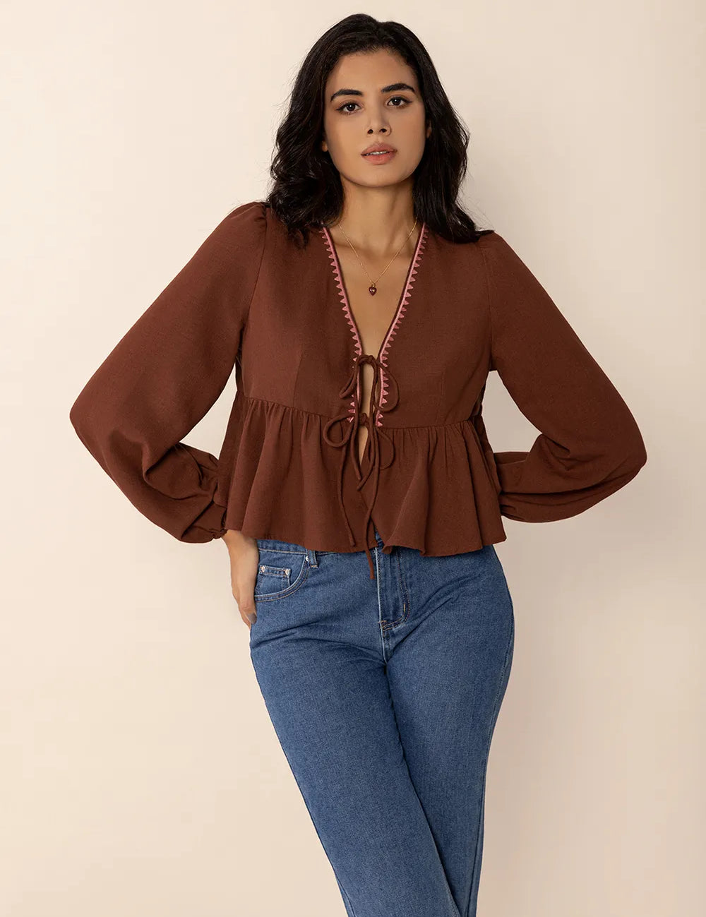 Peplum Tied V-Neck Long Sleeve Blouse | Blouses Daverri Fashions