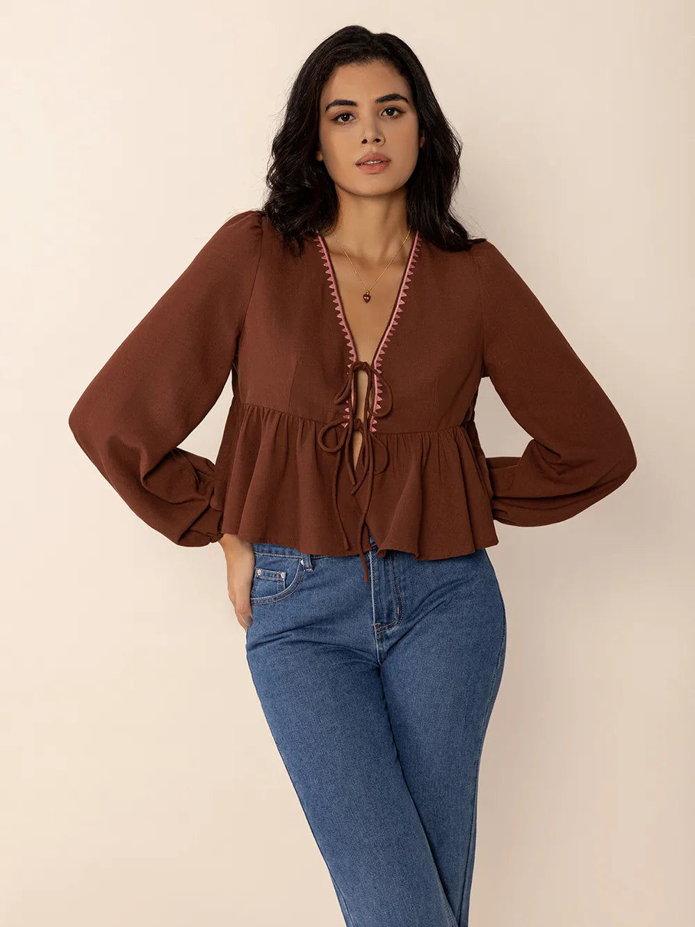 Peplum Tied V-Neck Long Sleeve Blouse | Blouses Daverri Fashions
