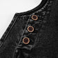 Distressed wide strap denim overalls black vest with 3 brown wooden buttons