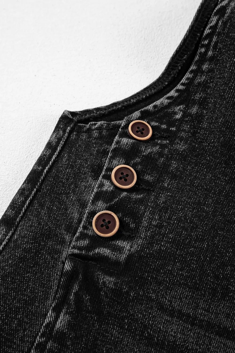 Distressed wide strap denim overalls black vest with 3 brown wooden buttons