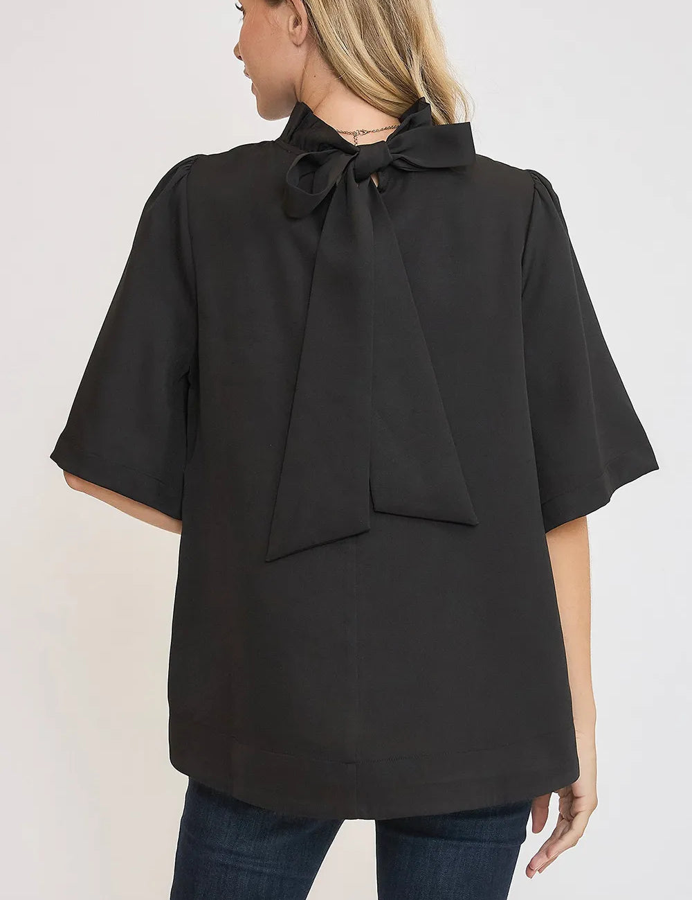 Umgee Bow Tie Back Mock Neck Half Sleeve Blouse | Daverri Fashions