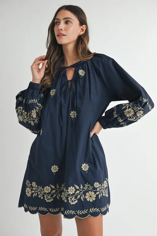 MABLE Embroidered Long Sleeve Peasant Mini Dress Mini Dresses