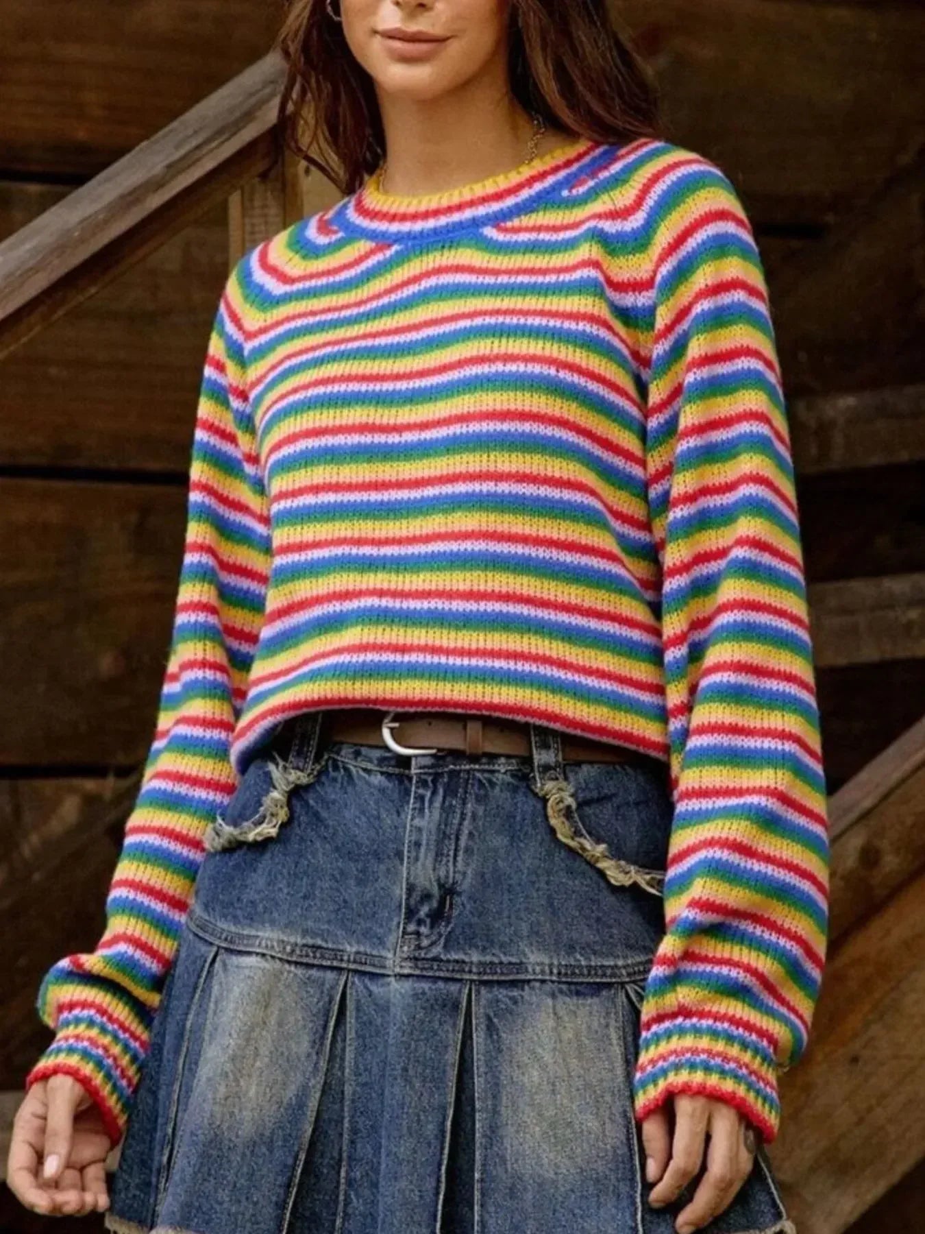 Rainbow Striped Pullover Sweater - DAVERRI FASHIONS