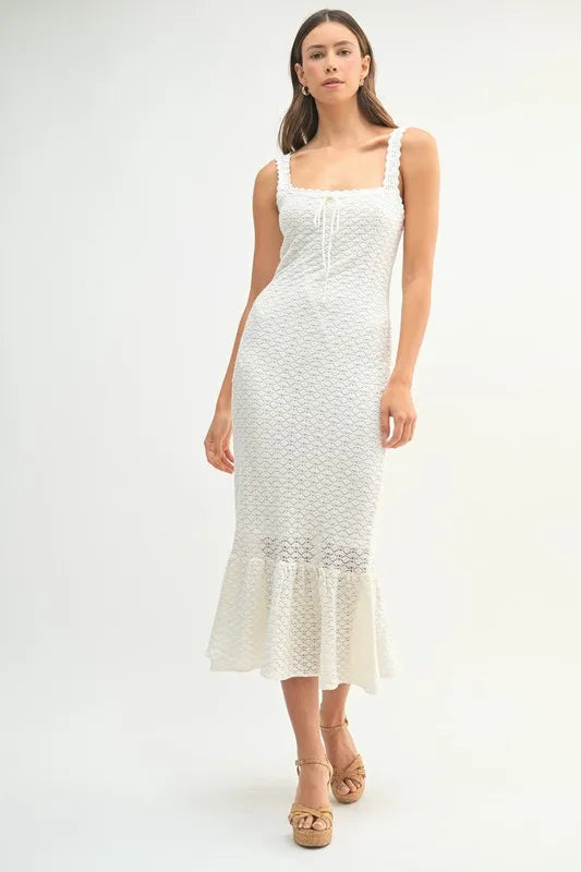 MABLE Ruffled Hem Sleeveless Crochet Knit Midi Dress Off White