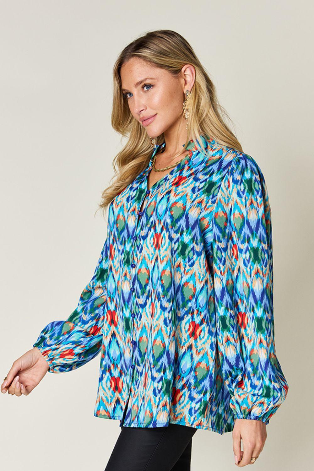Double Take Full Size Printed Balloon Sleeve Blouse Shirts & Tops