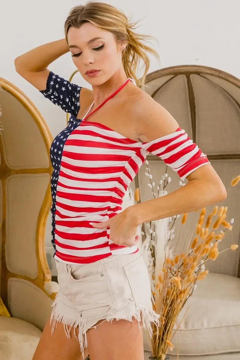 BiBi American Flag Off Shoulder With Front Ruched Top - DAVERRI FASHIONS