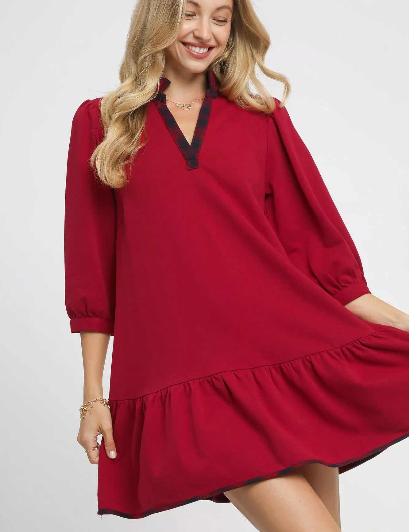 WINE Umgee French Terry Ruffle Hem Dress with Plaid Trim | Mini Dresses Daverri Fashions