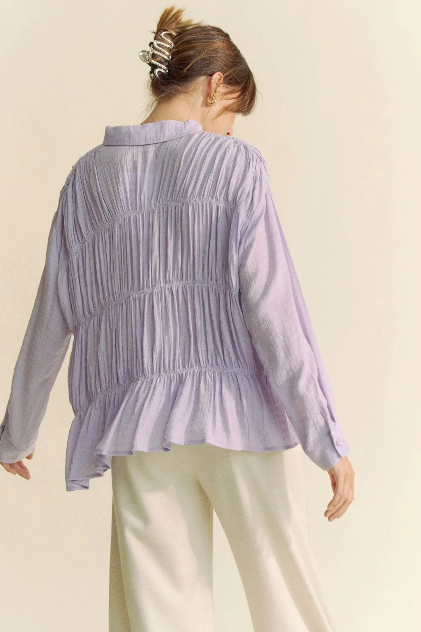 Davi & Dani Ruched All Over Button Front Shirt - DAVERRI FASHIONS