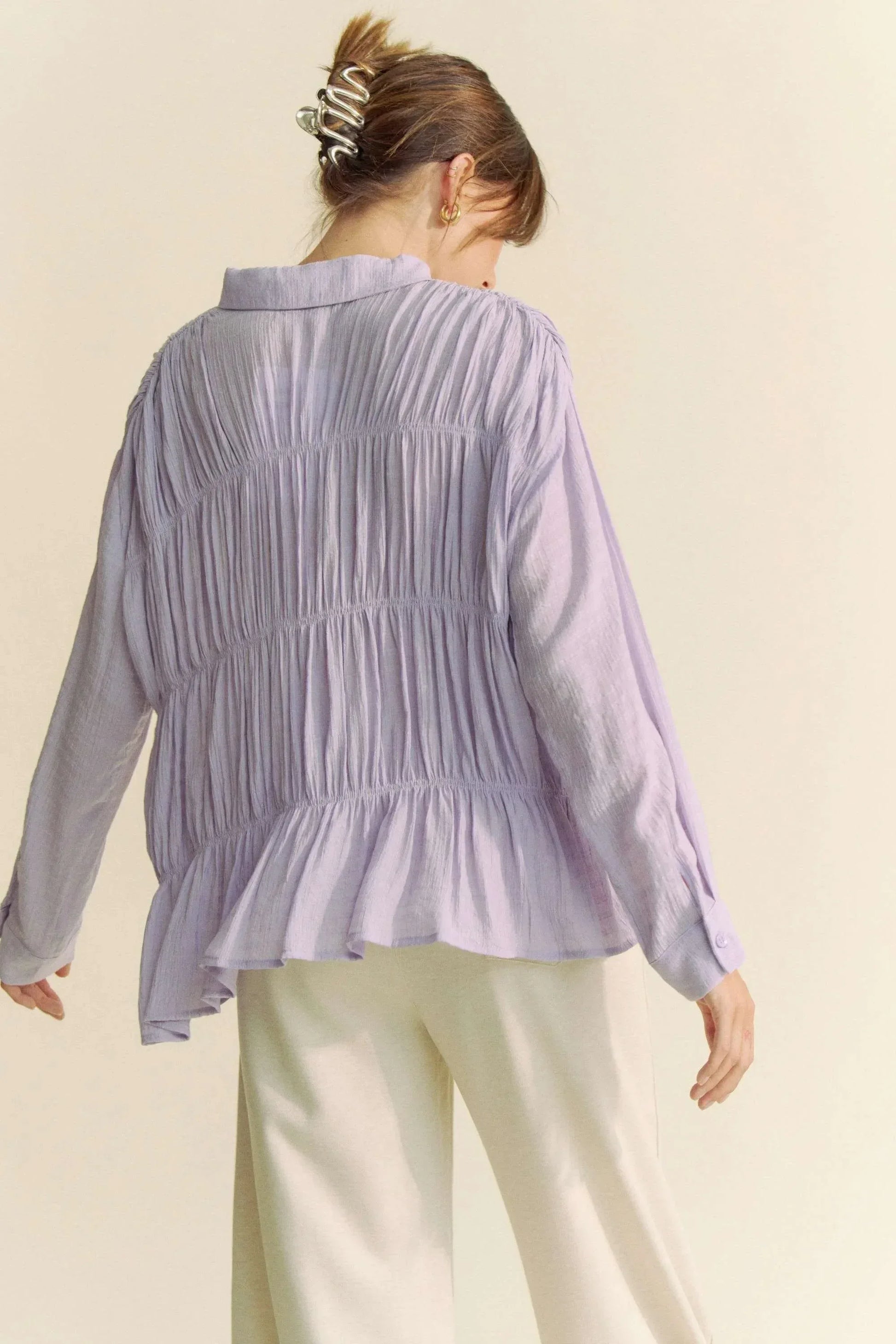 Davi & Dani Ruched All Over Button Front Shirt - DAVERRI FASHIONS