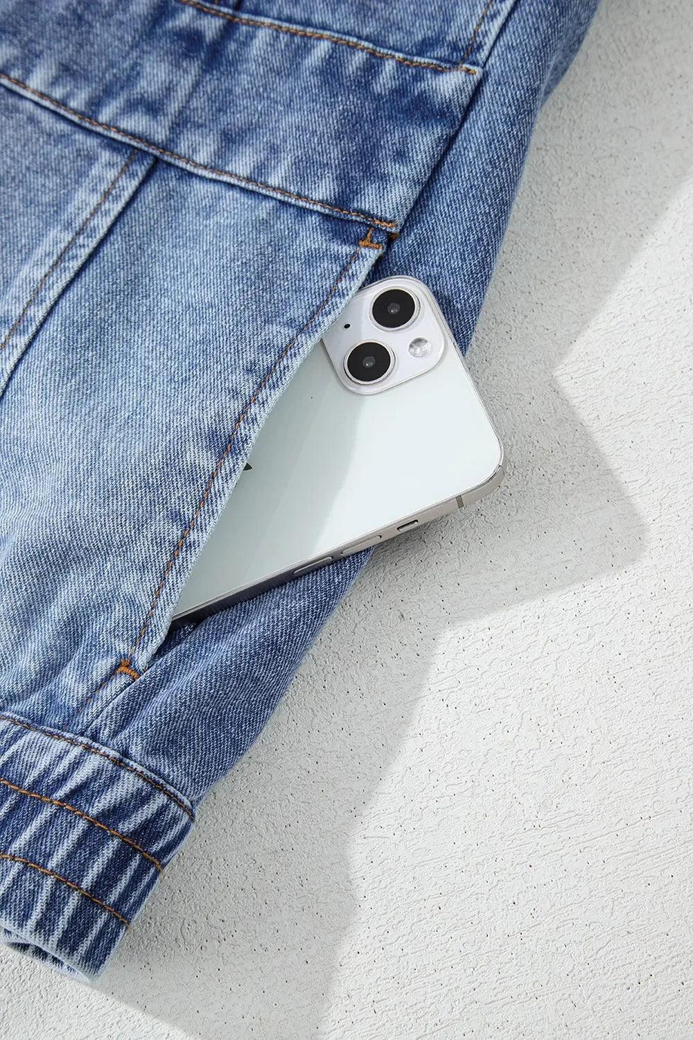 Button Up Cap Sleeve Denim Jacket - DAVERRI FASHIONS