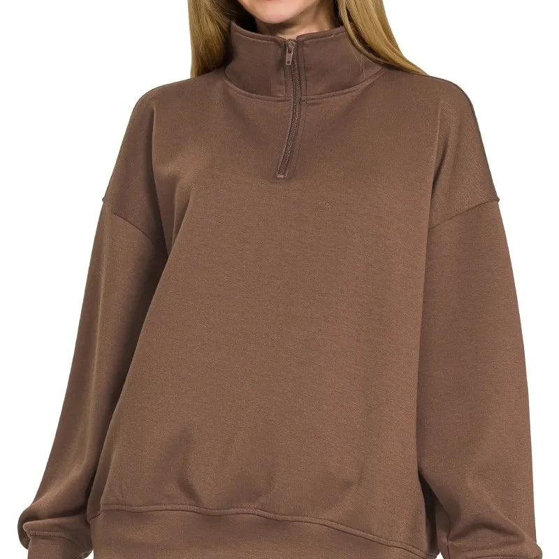 Zenana brown scuba quarter-zip fleece sweatshirt with ribbed cuffs