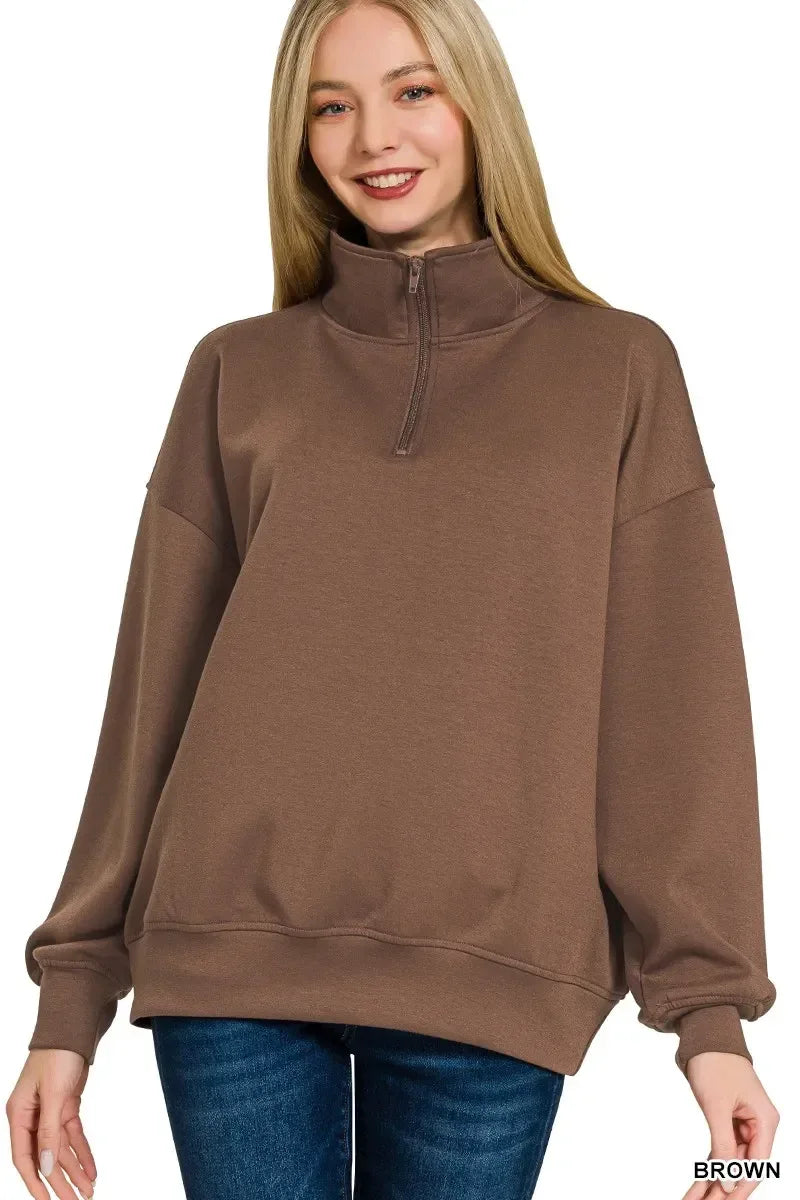 Zenana Scuba Quarter-Zip Sweatshirt Brown - DAVERRI FASHIONS