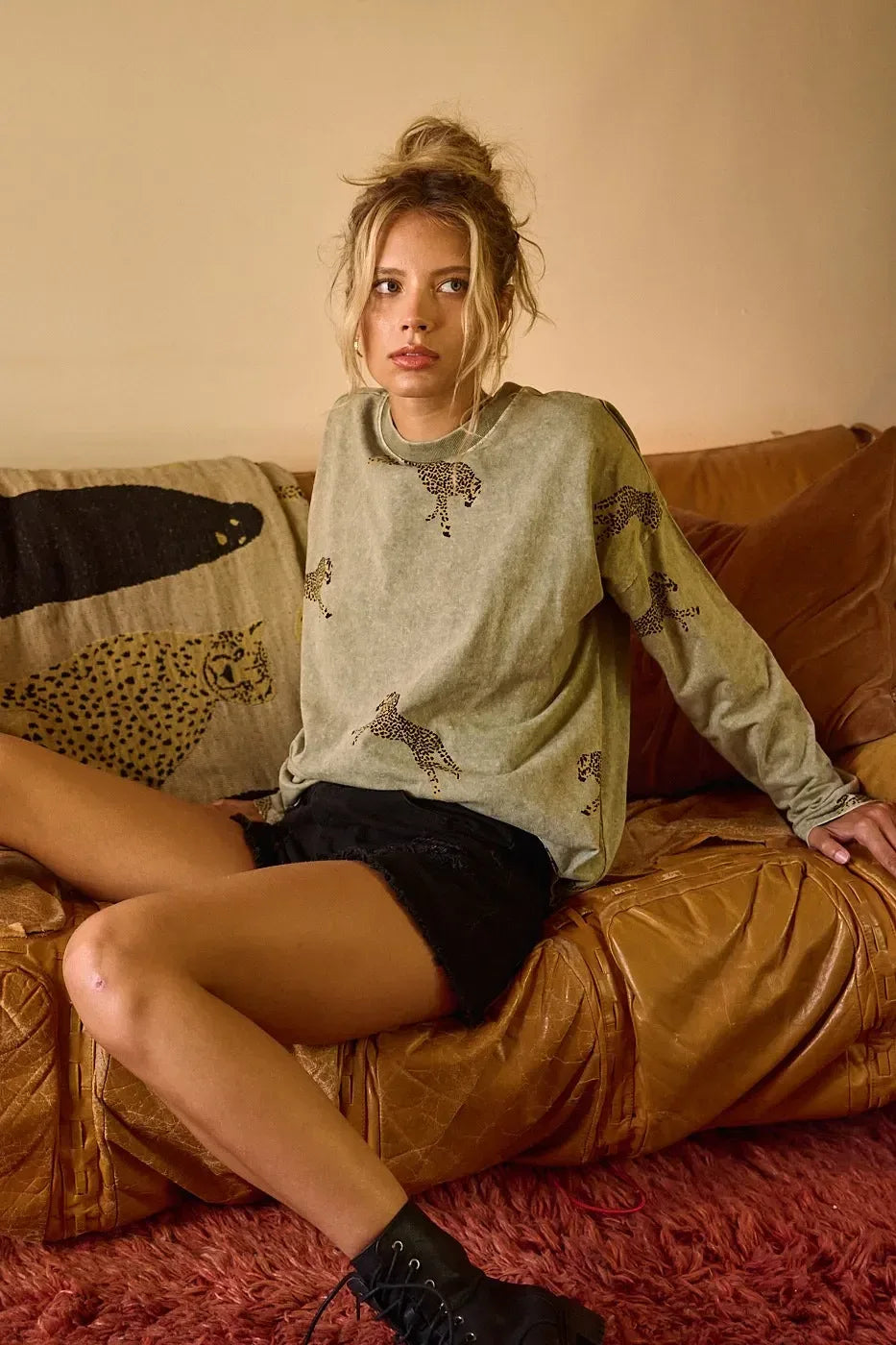 Mittoshop Mineral Wash Cheetah Print Long Sleeve Top - DAVERRI FASHIONS