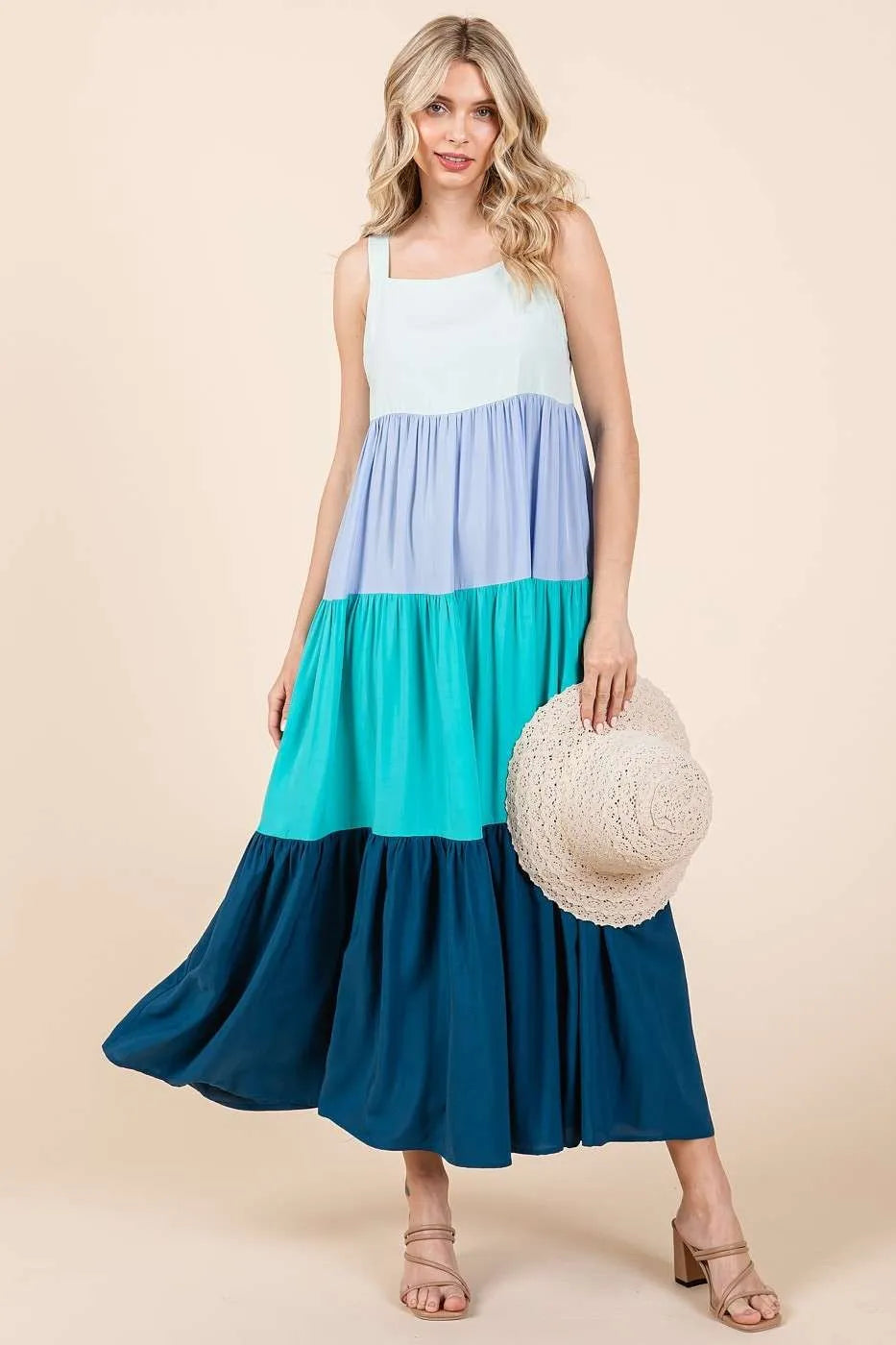 Mittoshop Color Block Tiered Pull-On Maxi Dress in pastel blue, teal, navy