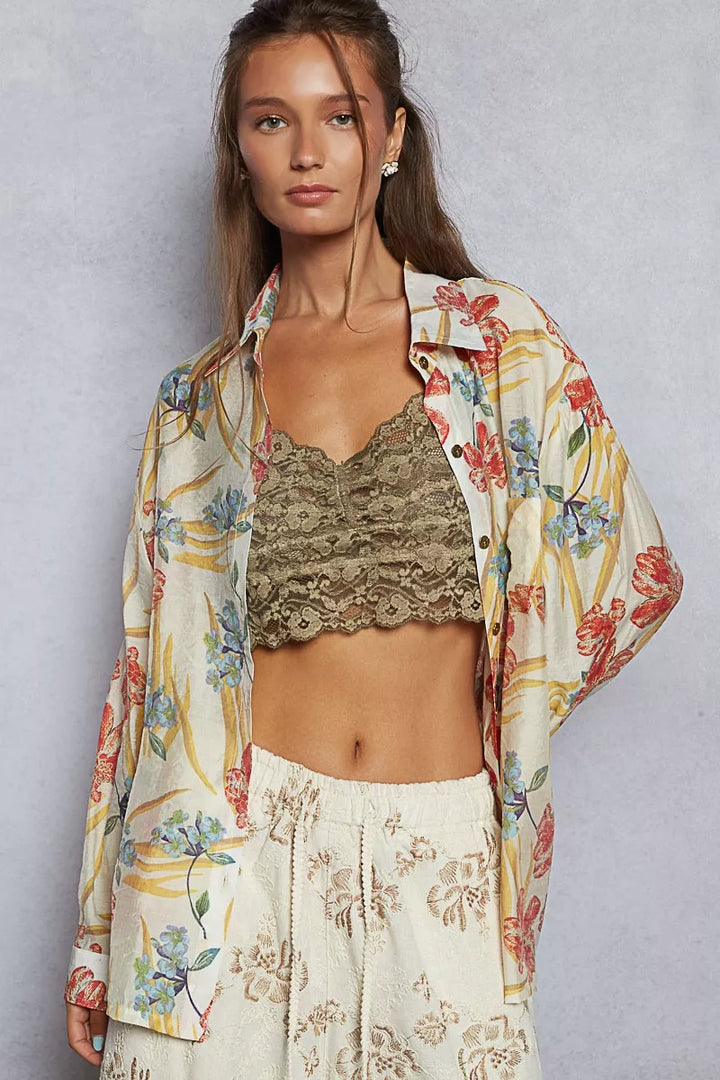 POL Floral Print Button Down Long Sleeve Shirt | Daverri Fashions