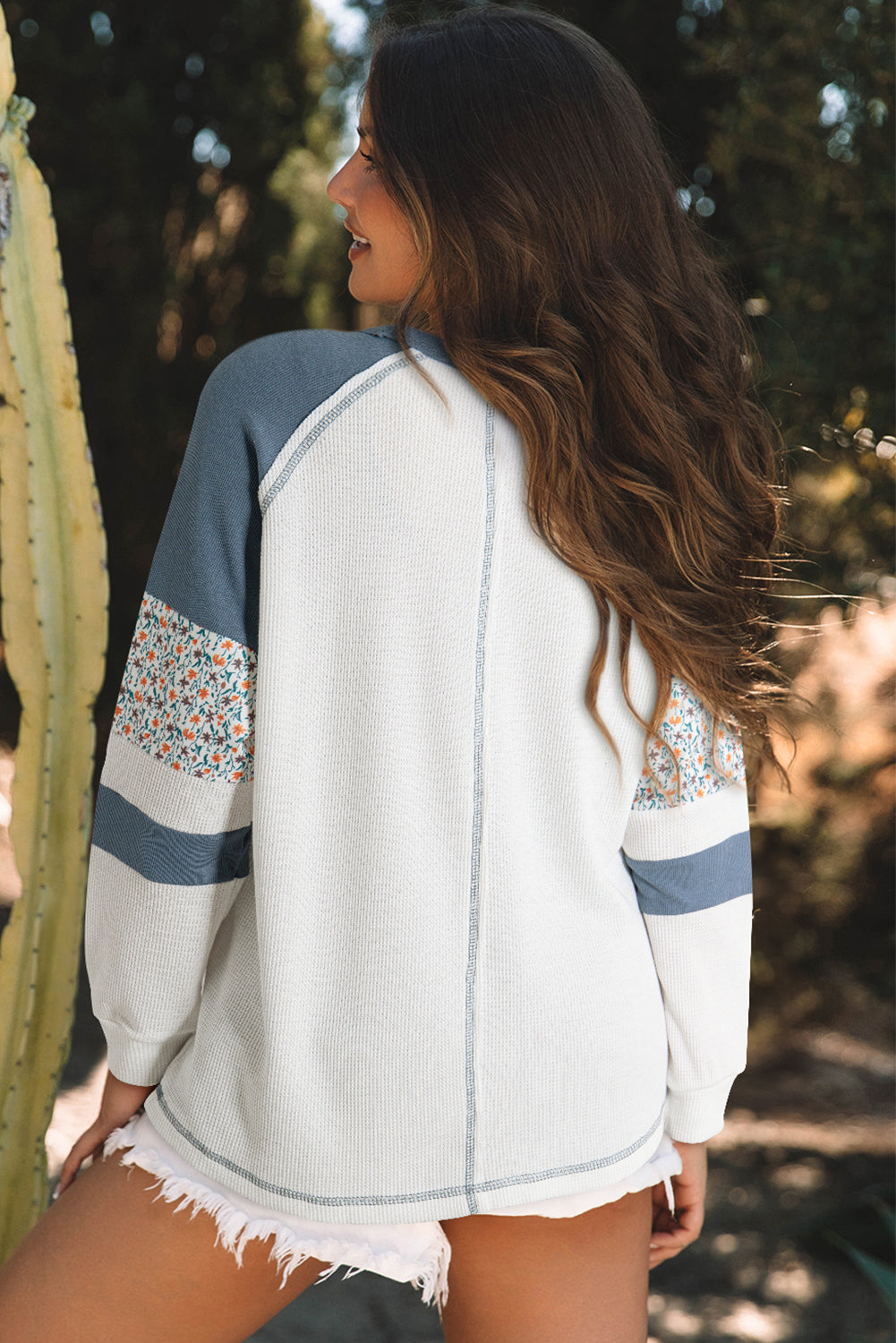 White Floral Patchwork Waffle Knit Raglan Top | Tops/Long Sleeve Tops Daverri Fashions