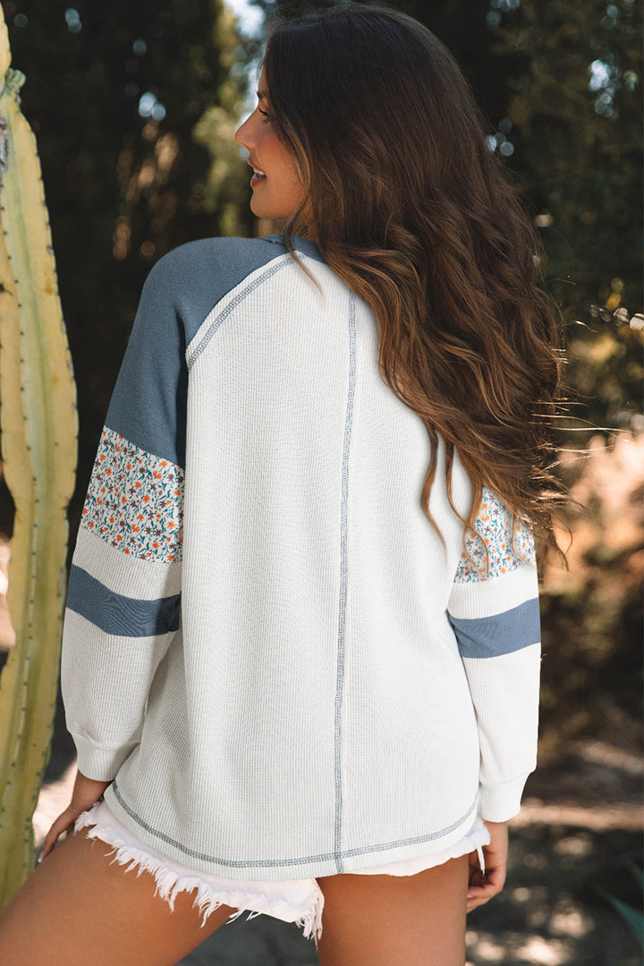White Floral Patchwork Waffle Knit Raglan Top | Tops/Long Sleeve Tops Daverri Fashions