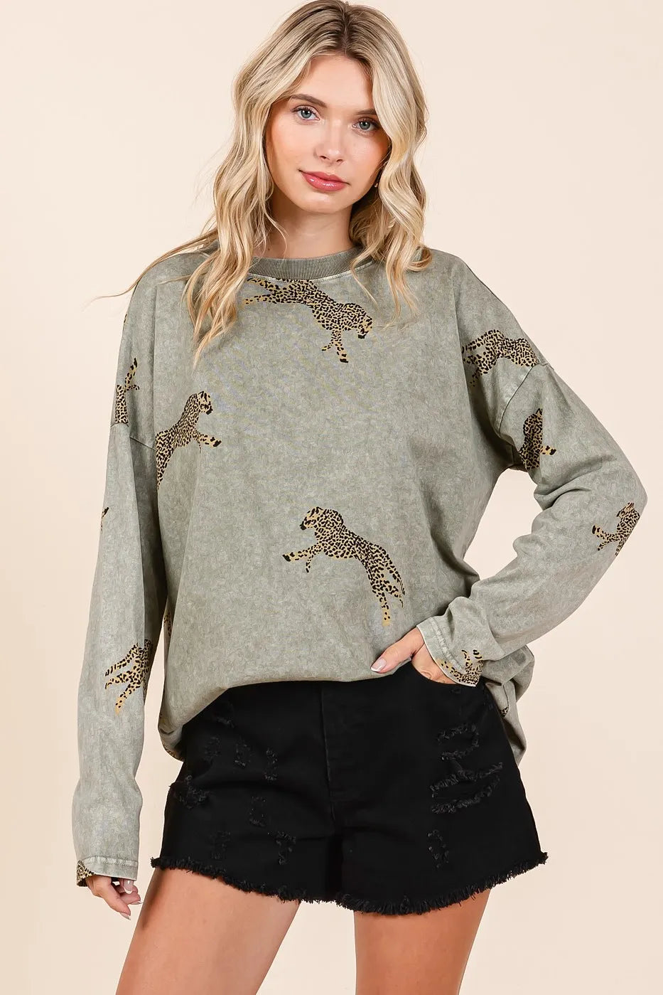 Mittoshop Mineral Wash Cheetah Print Long Sleeve Top | Tops Daverri Fashions