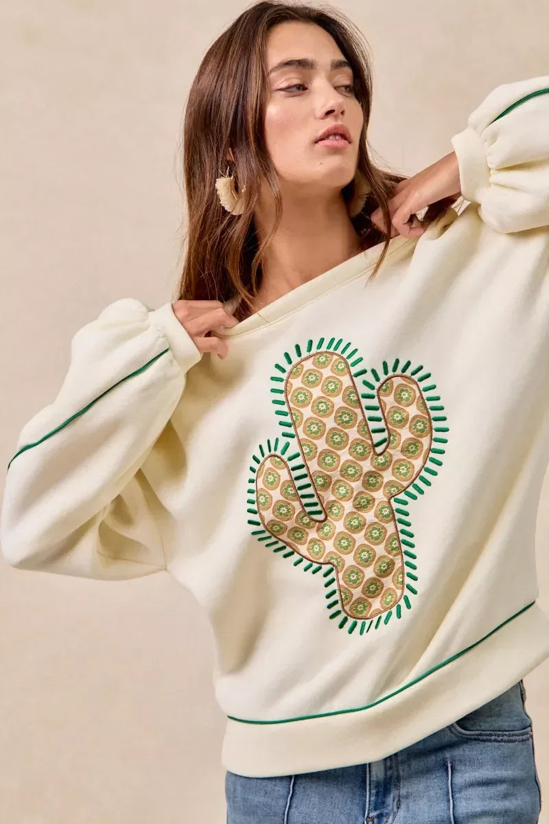 BiBi Cactus Embroidered Fleece Sweatshirt - DAVERRI FASHIONS