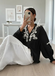 Daverri Fashions Embroidered Notched Long Sleeve Blouse - DAVERRI FASHIONS