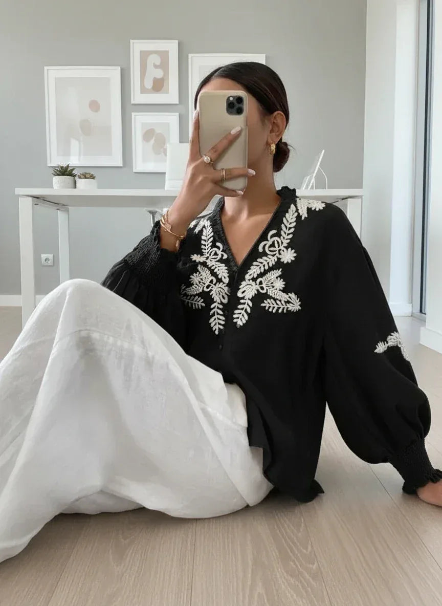 Daverri Fashions Embroidered Notched Long Sleeve Blouse - DAVERRI FASHIONS