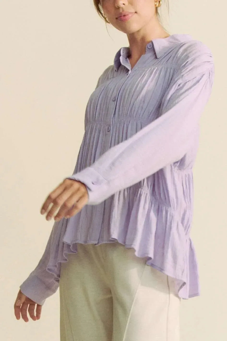 Davi & Dani Ruched All Over Button Front Shirt - DAVERRI FASHIONS