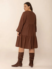 Plus Size Tie Neck Balloon Sleeve Tiered Dress | Daverri Fashions