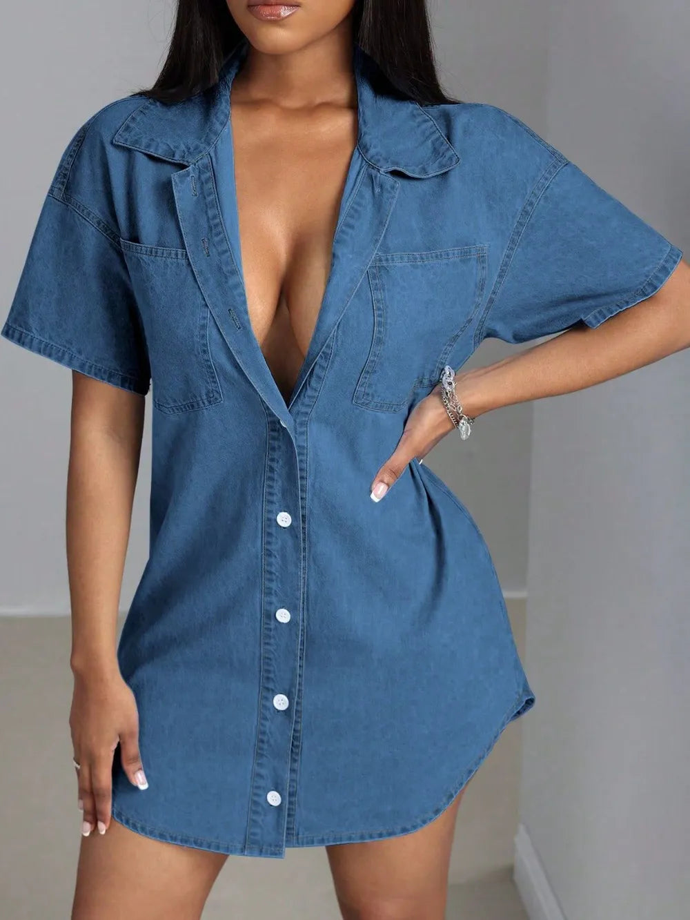 Button Down Collared Neck Denim Dress | Daverri Fashions