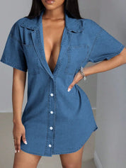 Button Down Collared Neck Denim Dress | Daverri Fashions