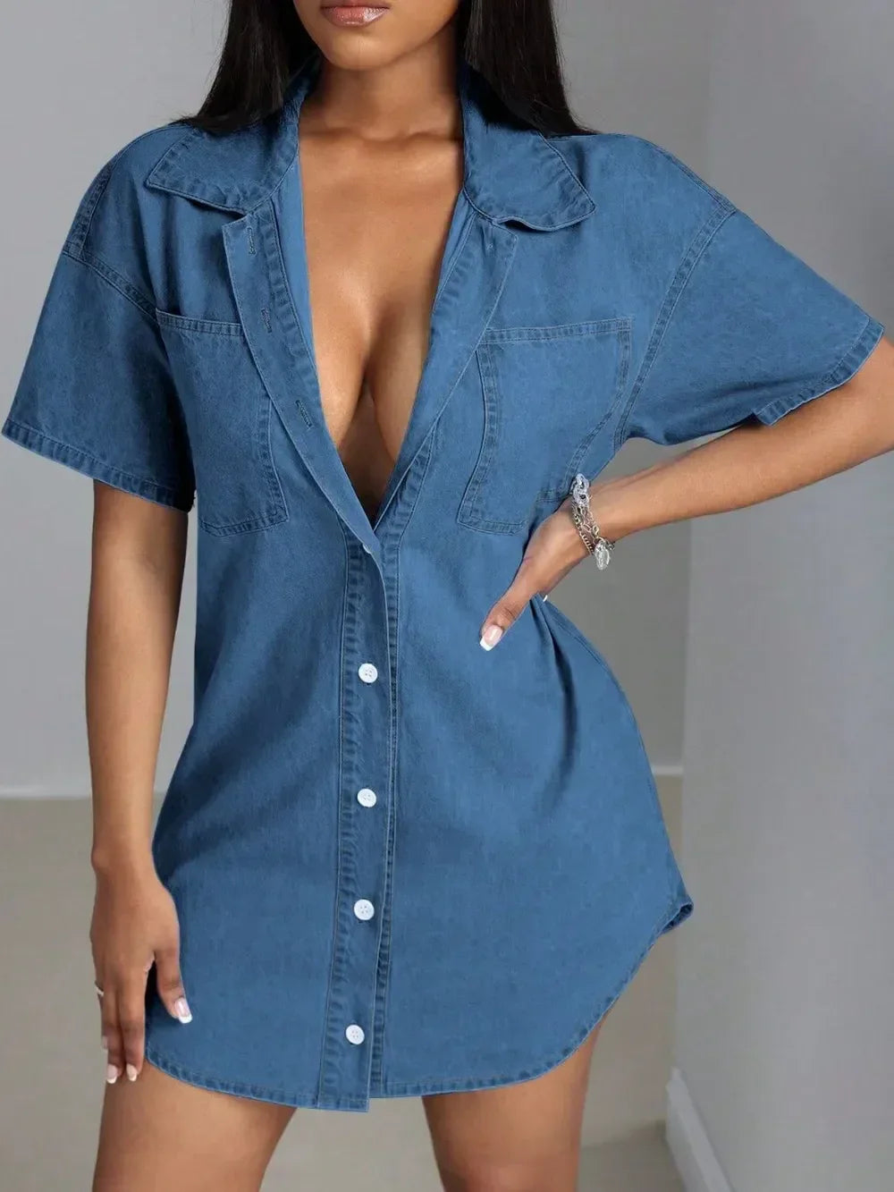 Button Down Collared Neck Denim Dress - DAVERRI FASHIONS