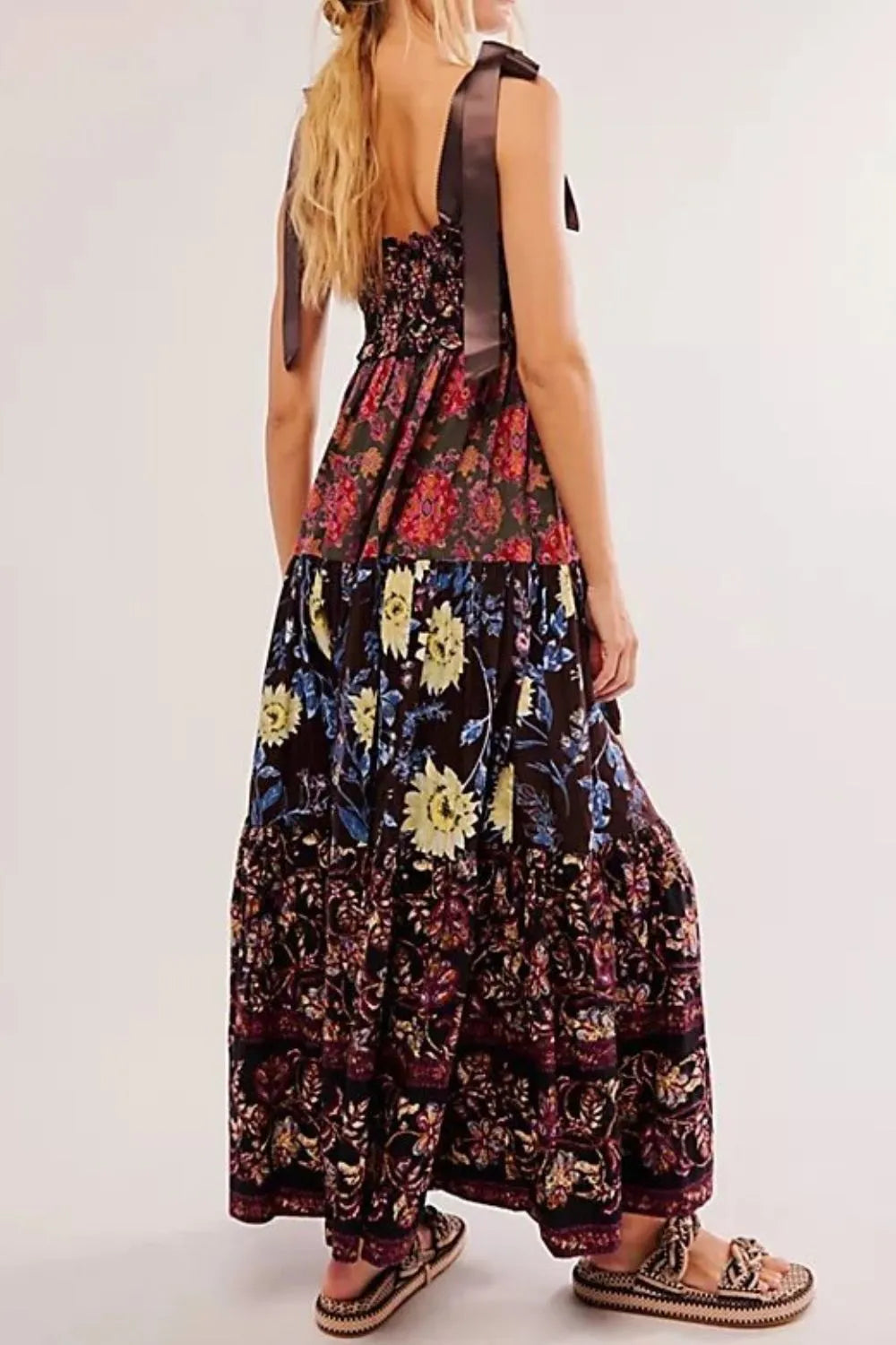Floral tiered maxi dress back view with vibrant mixed print