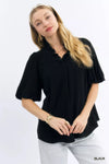 Umgee Linen Scallop Trim V-Neck Blouse - DAVERRI FASHIONS