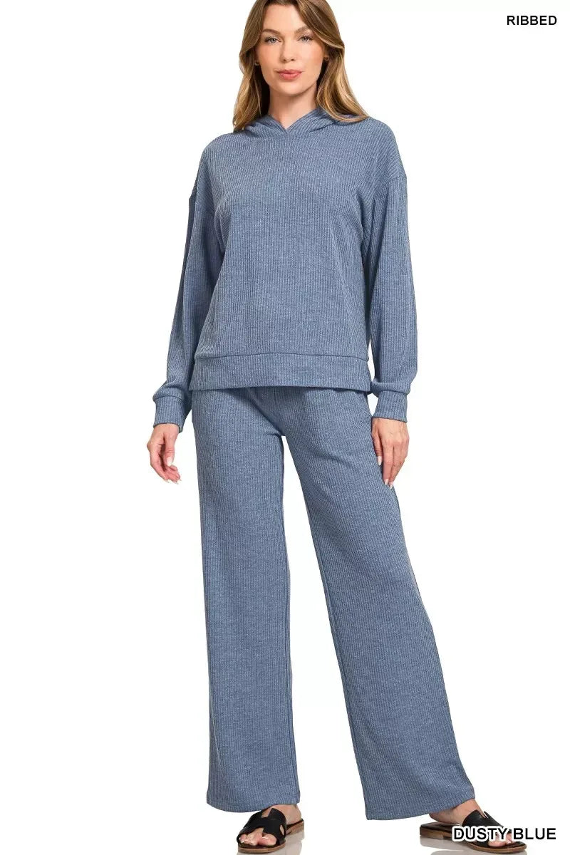 Ribbed Drawstring Lounge Pants Dusty Blue - DAVERRI FASHIONS