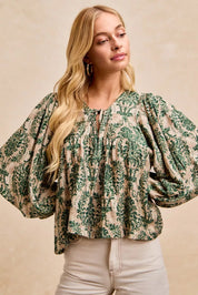 BiBi Printed Woven Front Tied Blouse with Baloon Sleeve | Blouses Daverri Fashions