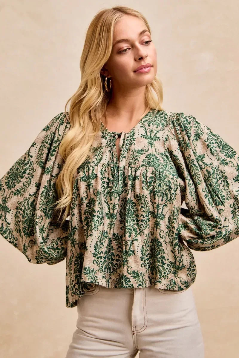 BiBi Printed Woven Front Tied Blouse with Baloon Sleeve - DAVERRI FASHIONS